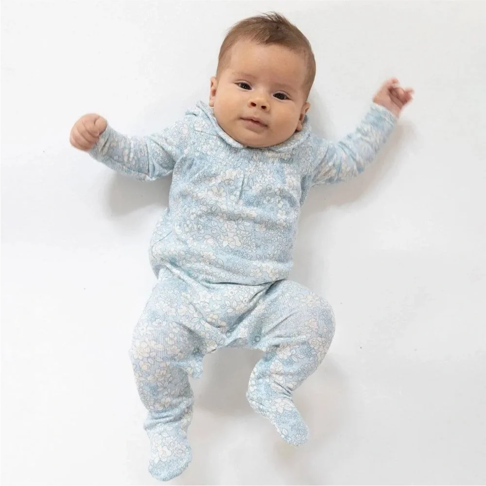 NWT Angel Dear Smocked Peter Pan Footie Blue Meadow Floral 6-9M - Picture 2 of 8